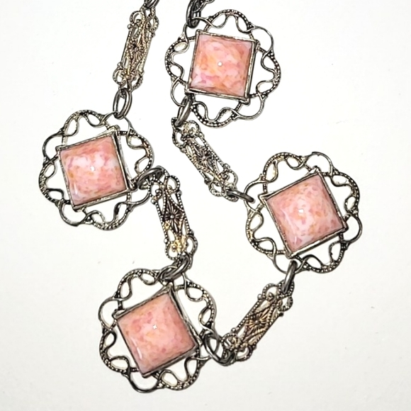ANTIQUE ART NOUVEAU CORAL COLORED MARBLED GLASS & FILIGREE CHOKER NECKLACE - Picture 10 of 11